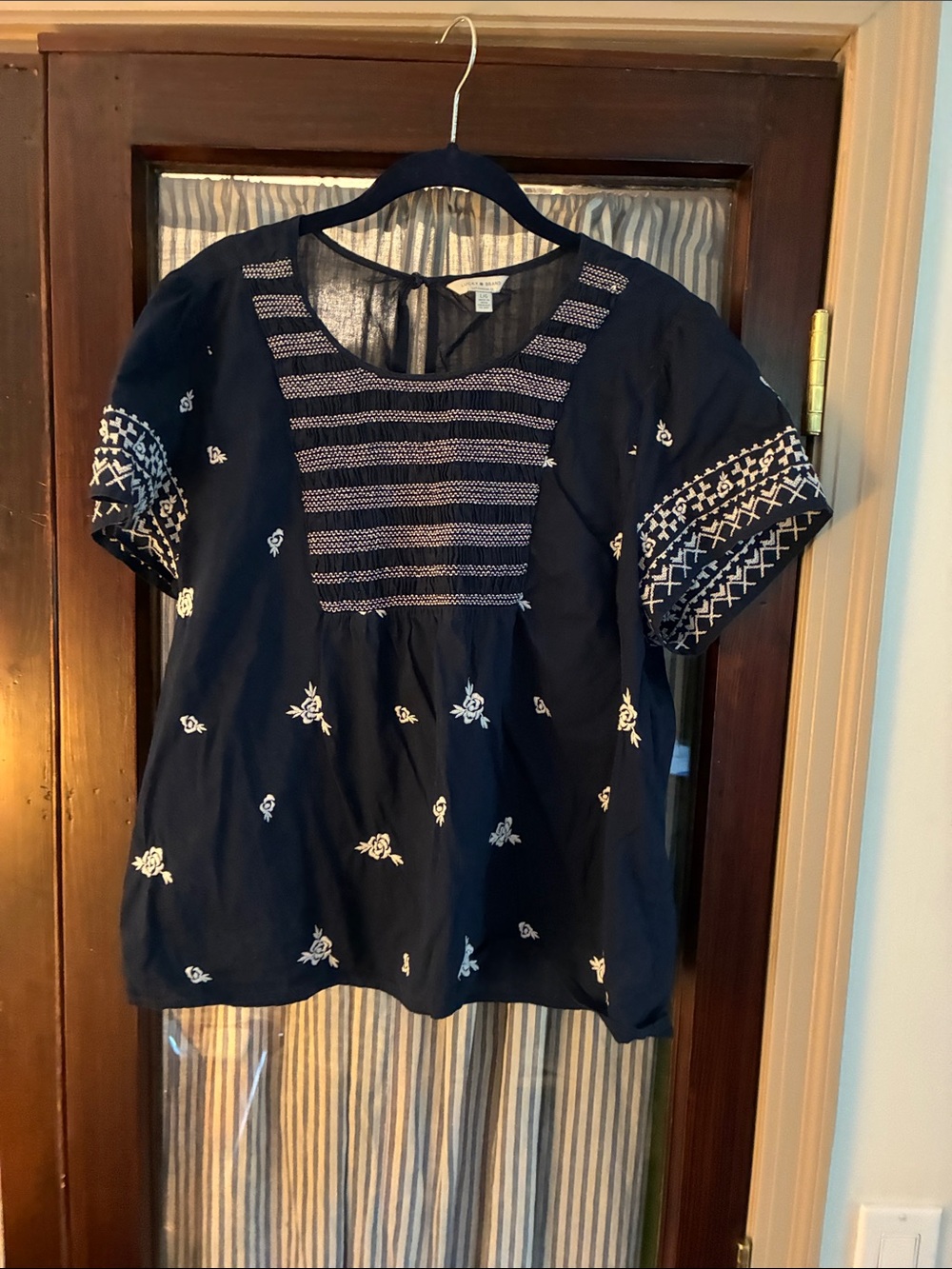 Lucky Brand Navy Short-Sleeve Embroidered Peasant Top